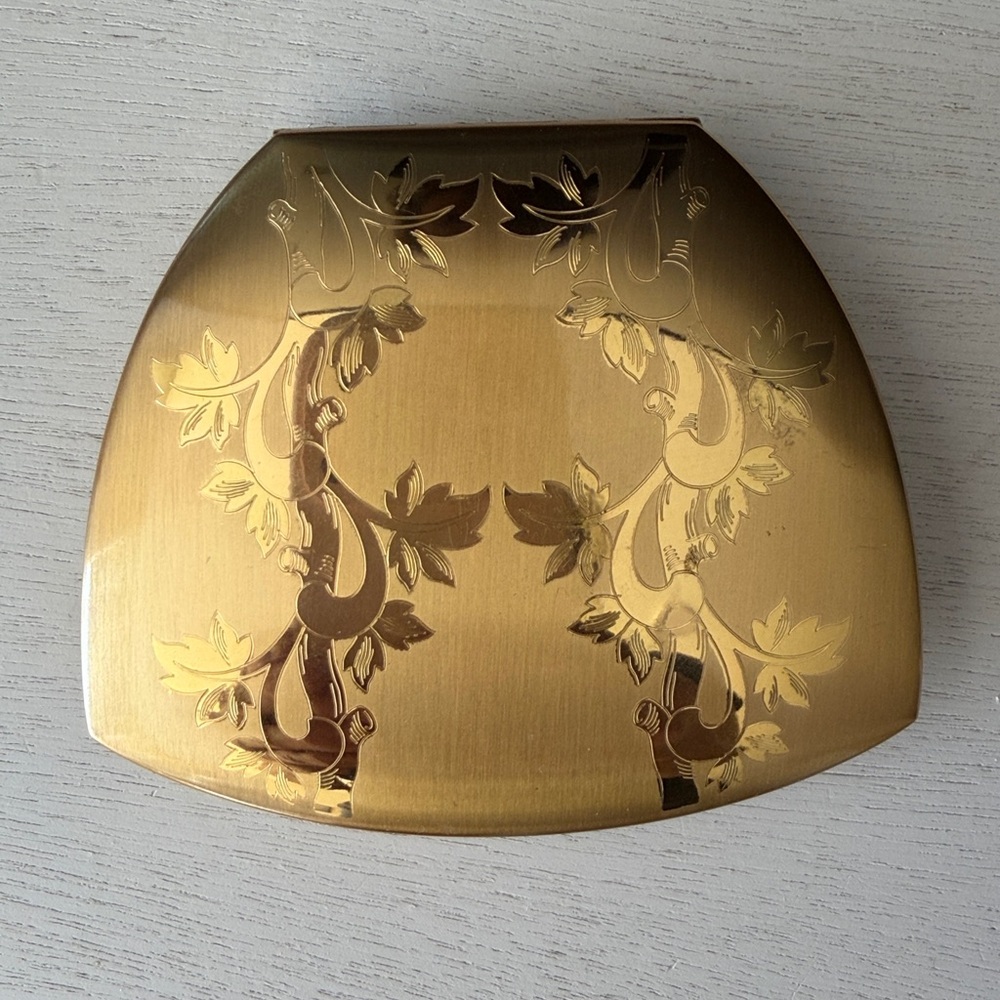 Vintage Elgin American Gold-Tone Compact with Cloth Bag & Puff 1950s